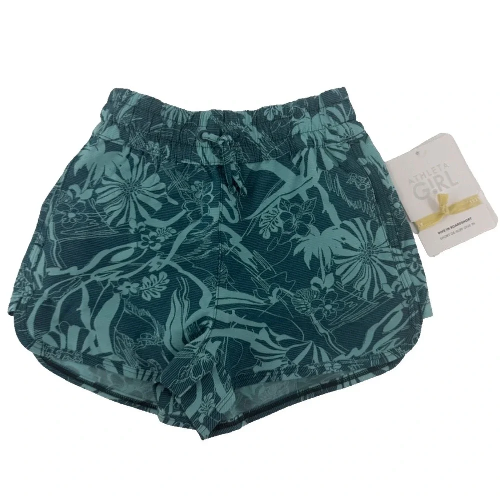 Athleta Girl Dive In Boardshort Floral Print Swim Shorts Teal XS/6 NWT UPF